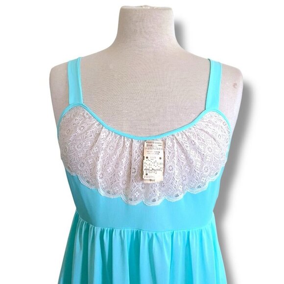 Vintage 1970s Formfit Rogers Womens Nightgown Sz Small Tiffany Blue Nylon Lace - Picture 5 of 11
